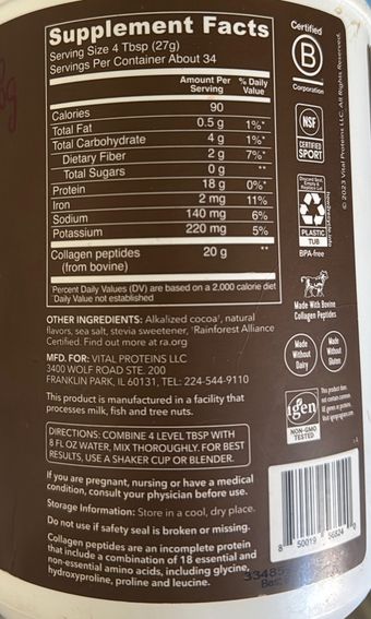 Vital Proteins, Collagen peptides, barcode: 0850019568240, has 0 potentially harmful, 0 questionable, and
    0 added sugar ingredients.