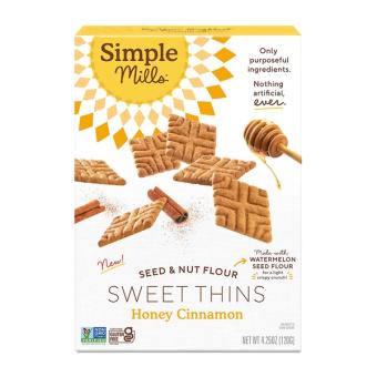 Simple Mills , Simple Mills Seed & Nut Flour Honey Cinnamon Sweet Thins 4.25 oz, barcode: 0856069005643, has 0 potentially harmful, 0 questionable, and
    2 added sugar ingredients.