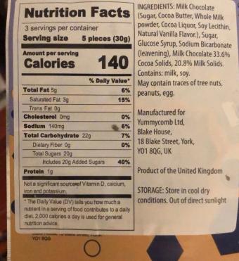 YummyComb, YummyComb Milk Chocolate Honeycomb Bite Size Nuggets 100 g, barcode: 5037448508008, has 0 potentially harmful, 0 questionable, and
2 added sugar ingredients.