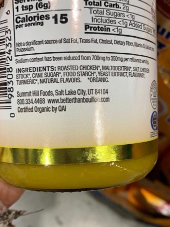 Premium Better Than Bouillon, Roasted Chicken base, barcode: 0098308243236, has 2 potentially harmful, 1 questionable, and
1 added sugar ingredients.