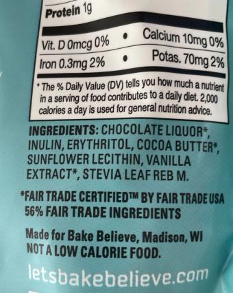 Bake Believe, Dark chocolate baking chips, barcode: 0884983000666, has 0 potentially harmful, 2 questionable, and
    0 added sugar ingredients.