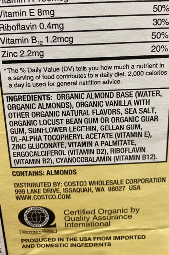 Kirkland, Organic almond unswtd beverage, barcode: 0096619533015, has 0 potentially harmful, 3 questionable, and
    0 added sugar ingredients.