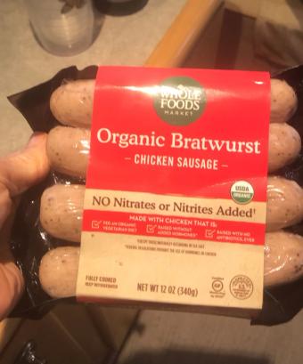 Whole Foods Market, Organic Bratwurst Chicken Sausage, barcode: 0099482476762, has 0 potentially harmful, 0 questionable, and
    0 added sugar ingredients.