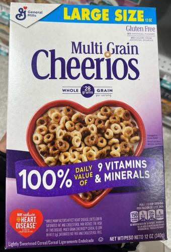 Cheerios, Multi Grain Cheerios, Breakfast Cereal, Gluten Free, Whole Grain Oats, 12 oz, barcode: 0016000487697, has 1 potentially harmful, 3 questionable, and
    2 added sugar ingredients.