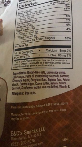 E&cs, E&c's Heavenly Hunks Gluten-free Oatmeal Chocolate Chip Cookies 6 Ea, barcode: 0857549004200, has 0 potentially harmful, 1 questionable, and
    3 added sugar ingredients.