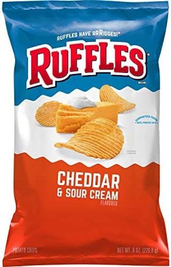 Ruffles, Ruffles Potato Chips Cheddar & Sour Cream Flavored 8 Oz, barcode: 0028400516914, has 7 potentially harmful, 5 questionable, and
    0 added sugar ingredients.