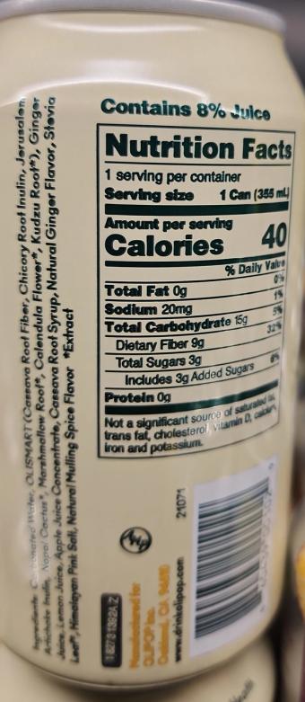 Olipop, GINGER LEMON SPARKLING TONIC, GINGER LEMON, barcode: 0860439001029, has 0 potentially harmful, 2 questionable, and
    1 added sugar ingredients.