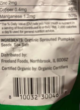 Go Raw, sprouted organic pumpkin seeds, barcode: 0810032300463, has 0 potentially harmful, 0 questionable, and
    0 added sugar ingredients.