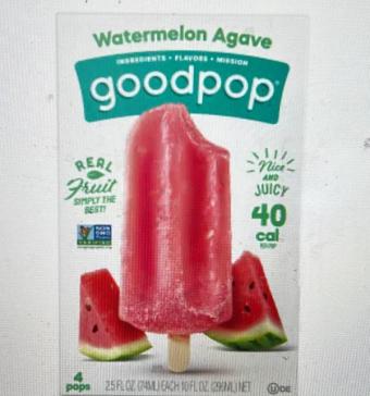 Goodpop, GoodPop® Watermelon Agave Pops, barcode: 0856920005010, has 0 potentially harmful, 1 questionable, and
    2 added sugar ingredients.