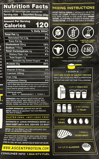 Ascent, native fuel whey chocolate, barcode: 0815863021495, has 0 potentially harmful, 2 questionable, and
    0 added sugar ingredients.