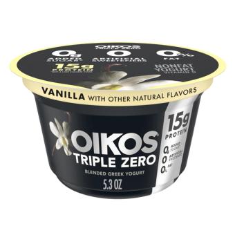 Danone Us, Llc, VANILLA TRIPLE ZERO BLENDED GREEK NONFAT YOGURT, VANILLA, barcode: 0036632008343, has 0 potentially harmful, 2 questionable, and
0 added sugar ingredients.