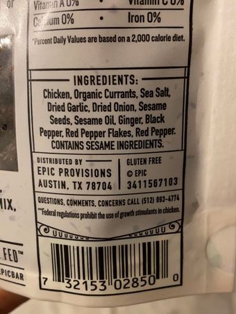 Epic, EPIC Sesame Chicken Bits 3 oz, barcode: 0732153028500, has 0 potentially harmful, 0 questionable, and
    0 added sugar ingredients.