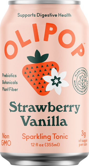 Olipop, STRAWBERRY VANILLA SPARKLING TONIC, STRAWBERRY VANILLA, barcode: 0860439001012, has 0 potentially harmful, 1 questionable, and
    1 added sugar ingredients.