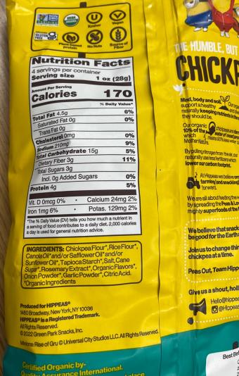 Green Park Snacks Inc, VEGAN WHITE CHEDDAR FLAVORED ORGANIC CHICKPEA PUFFS, VEGAN WHITE CHEDDAR, barcode: 0850126007120, has 1 potentially harmful, 4 questionable, and
    1 added sugar ingredients.