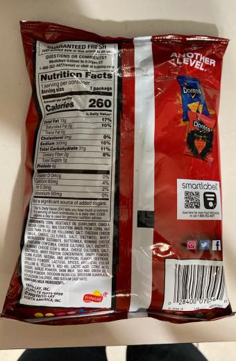 Pepsico, Inc, Doritos Nacho Cheese Tortilla Chips 1.75 Ounce Plastic Bag, barcode: 0028400070560, has 9 potentially harmful, 6 questionable, and
    2 added sugar ingredients.