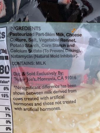 Trader Joe's, Trader Joe's Shredded Mozzarella cheese, barcode: 0000000810852, has 0 potentially harmful, 1 questionable, and
    0 added sugar ingredients.