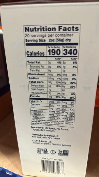 Banza Llc, ROTINI MADE FROM CHICKPEAS, barcode: 0857183005267, has 0 potentially harmful, 1 questionable, and
    0 added sugar ingredients.