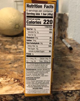 LÄRABAR, Larabar, Gluten Free Bar, Peanut Butter Chocolate Chip, Vegan, 6 Bars, barcode: 0021908115320, has 0 potentially harmful, 0 questionable, and
1 added sugar ingredients.