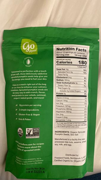 Freeland Foods, GO RAW, SPROUTED PUMPKIN SEEDS WITH CELTIC SEA SALT, barcode: 0859888000127, has 0 potentially harmful, 0 questionable, and
    0 added sugar ingredients.