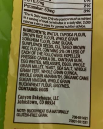 Canyon Bakehouse, Gluten Free Multigrain Bread, barcode: 0072250916547, has 1 potentially harmful, 1 questionable, and
    3 added sugar ingredients.