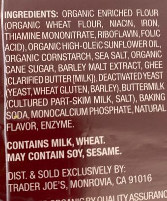 Trader Joe's, Trader Joe's Organic naan crackers, barcode: 0000000726764, has 1 potentially harmful, 4 questionable, and
    1 added sugar ingredients.