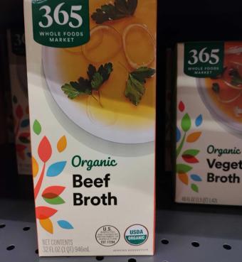 365 Whole Foods Market, 365 Whole Foods Market Organic Beef Broth 32 oz, barcode: 0099482460105, has 1 potentially harmful, 1 questionable, and
0 added sugar ingredients.