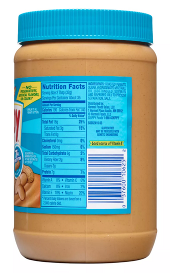 Hormel Foods Corporation, SKIPPY, CREAMY PEANUT BUTTER, CREAMY, barcode: 0037600110754, has 3 potentially harmful, 0 questionable, and
    1 added sugar ingredients.