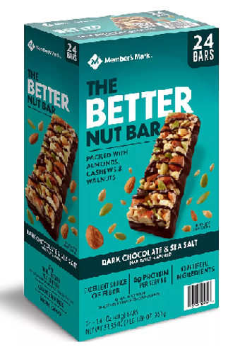 Sam's Club West, DARK CHOCOLATE & SEA SALT FLAVORED NUT BAR, DARK CHOCOLATE & SEA SALT, barcode: 0193968100797, has 0 potentially harmful, 4 questionable, and
4 added sugar ingredients.