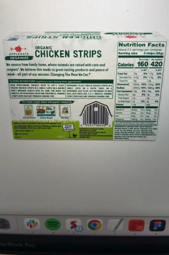Applegate Farms, Llc, ORGANIC CHICKEN STRIPS FORMED & BREADED ORGANIC WHITE MEAT CHICKEN PATTIES, CHICKEN STRIPS, barcode: 0025317005500, has 1 potentially harmful, 0 questionable, and
    1 added sugar ingredients.