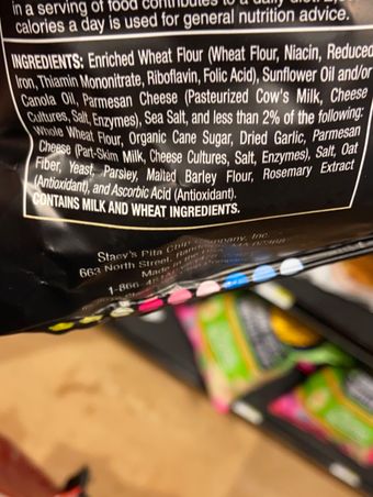 Stacy's, Stacys Baked Parmesan Garlic & Herb Pita Chips 7.33 oz, barcode: 0028400564649, has 1 potentially harmful, 2 questionable, and
    1 added sugar ingredients.
