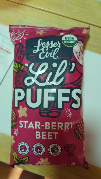 Lesser Evil, Lesser Evil Star-berry beet Lil' Puffs, barcode: 0180999000288, has 0 potentially harmful, 3 questionable, and
    1 added sugar ingredients.