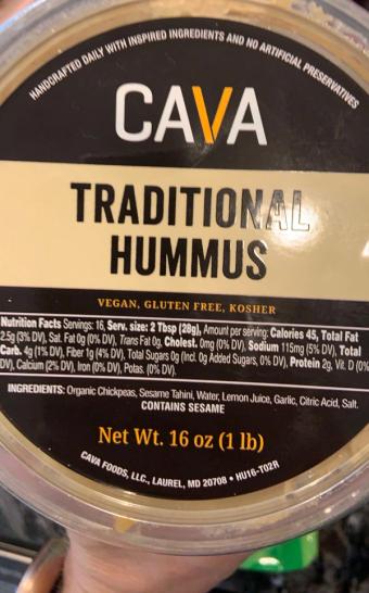 Cava Foods, Llc, CAVA, TRADITIONAL HUMMUS, barcode: 0898328002000, has 0 potentially harmful, 1 questionable, and
    0 added sugar ingredients.