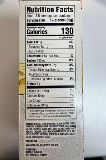 Nabisco Biscuit Company, GLUTEN FREE PARMESAN & GARLIC RICE & CHEESE SNACKS, PARMESAN & GARLIC, barcode: 0044000058401, has 0 potentially harmful, 1 questionable, and
    1 added sugar ingredients.