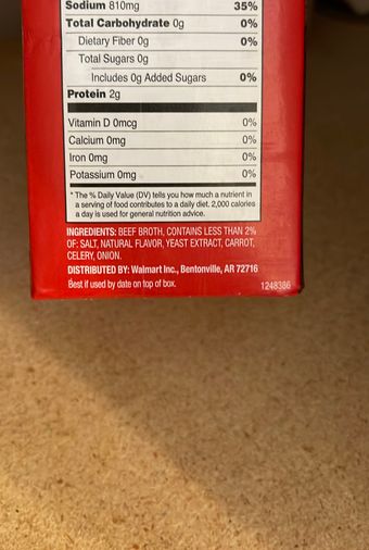 Great Value, Great Value Family Size Beef Broth 48 Oz, barcode: 0078742236674, has 0 potentially harmful, 1 questionable, and
3 added sugar ingredients.