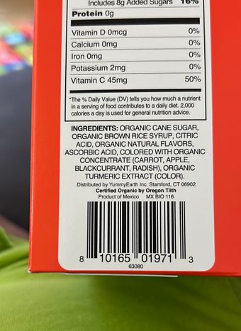 Yumearth, Yumearth Lollipops, barcode: 0810165019713, has 0 potentially harmful, 2 questionable, and
    2 added sugar ingredients.