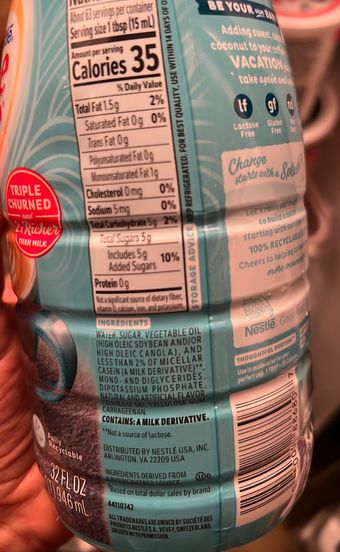 Nestle Usa Inc., COCONUT CREME FLAVOR COFFEE CREAMER, COCONUT CREME, barcode: 0050000886807, has 6 potentially harmful, 2 questionable, and
    1 added sugar ingredients.