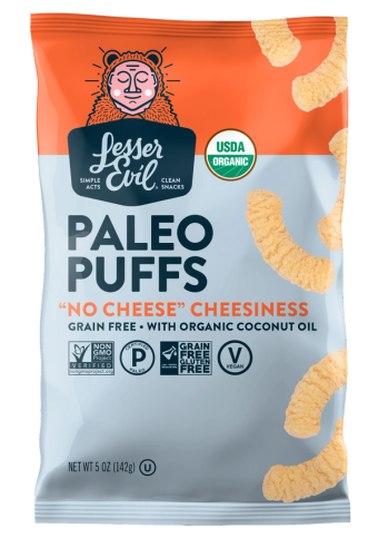 Lesser Evil, "No Cheese" Cheesiness Paleo Puffs, barcode: 0856762007463, has 1 potentially harmful, 2 questionable, and
    0 added sugar ingredients.