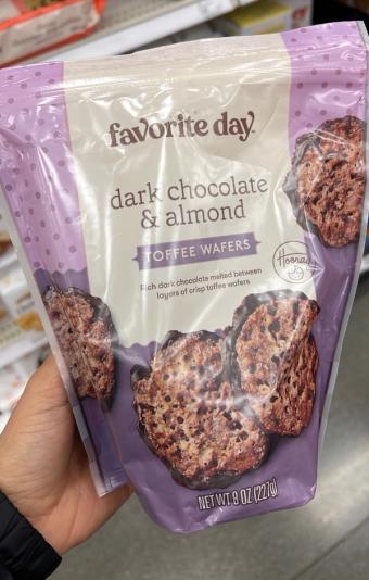 Target Stores, DARK CHOCOLATE & ALMOND TOFFEE WAFERS, DARK CHOCOLATE & ALMOND, barcode: 0085239163153, has 0 potentially harmful, 2 questionable, and
    3 added sugar ingredients.