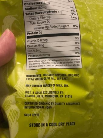 Trader Joe's, Organic Popcorn with Extra Virgin Olive Oil, barcode: 0000000921138, has 0 potentially harmful, 0 questionable, and
    0 added sugar ingredients.