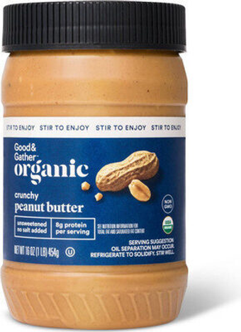 Target Stores, CRUNCHY PEANUT BUTTER, CRUNCHY, barcode: 0085239041079, has 0 potentially harmful, 0 questionable, and
    0 added sugar ingredients.