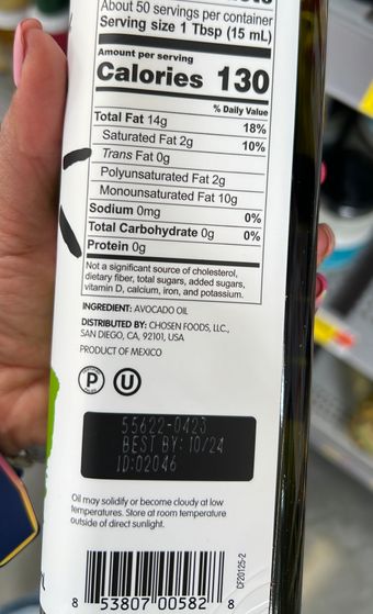Chosen Foods, Llc , 100% PURE AVOCADO OIL, barcode: 0853807005828, has 0 potentially harmful, 0 questionable, and
    0 added sugar ingredients.