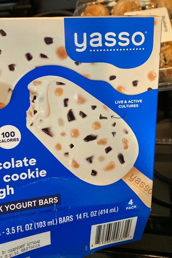 Yasso, Inc., CHOCOLATE CHIP COOKIE DOUGH FLAVORED FROZEN GREEK YOGURT BARS, CHOCOLATE CHIP COOKIE DOUGH, barcode: 0851035003319, has 2 potentially harmful, 4 questionable, and
    3 added sugar ingredients.