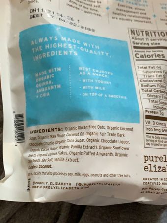 Purely Elizabeth, Purely Elizabeth Vanilla Chocolate Chip Granola 12 oz, barcode: 0810589031216, has 0 potentially harmful, 0 questionable, and
    2 added sugar ingredients.