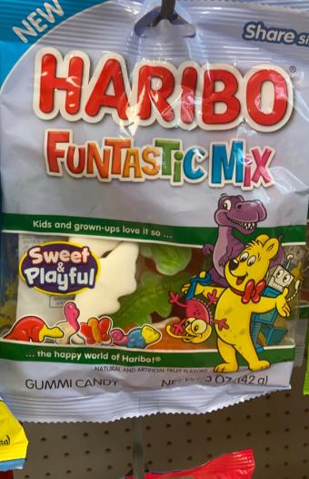 Haribo, Haribo Share Size Funtastic Mix Gummi Candy 5 oz, barcode: 0042238723641, has 0 potentially harmful, 4 questionable, and
    3 added sugar ingredients.