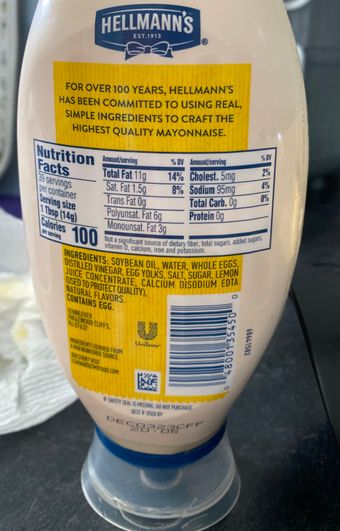 Unilever Bestfoods North America, REAL MAYONNAISE, barcode: 0048001354500, has 2 potentially harmful, 2 questionable, and
1 added sugar ingredients.