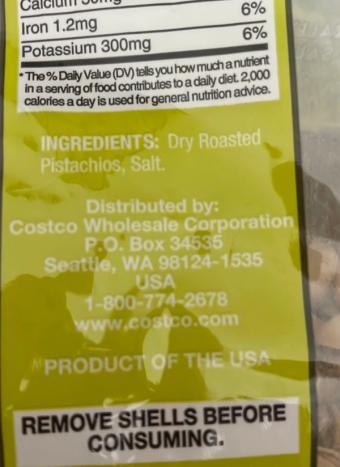 Kirkland Signature, Kirkland In Shell Pistachios 3LBS, barcode: 0096619545346, has 0 potentially harmful, 0 questionable, and
    0 added sugar ingredients.