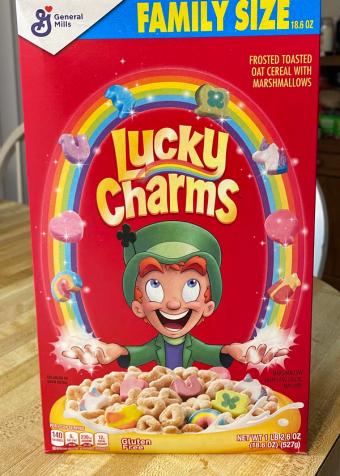 Lucky Charms, Lucky Charms Family Size Frosted Toasted Oat Cereal with Marshmallows 18.6 oz, barcode: 0016000169678, has 5 potentially harmful, 1 questionable, and
    3 added sugar ingredients.