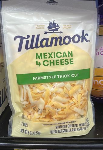 Tillamook County Creamery Association, MEXICAN 4 CHEESE FARMSTYLE THICK CUT SHREDDED CHEDDAR, MONTEREY JACK, QUESO QUESADILLA AND ASADERO CHEESES, MEXICAN 4 CHEESE, barcode: 0072830011402, has 0 potentially harmful, 1 questionable, and
    0 added sugar ingredients.