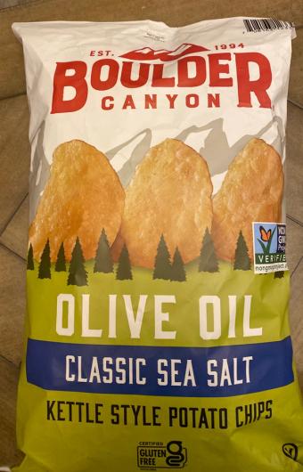 Inventure Foods, Inc., BOULDER CANYON, KETTLE COOKED POTATO CHIPS, OLIVE OIL, barcode: 0708163123399, has 0 potentially harmful, 0 questionable, and
    0 added sugar ingredients.