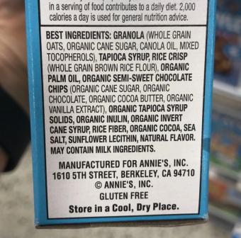 Annie's, Annie's Granola Bars 5 ea, barcode: 0013562460502, has 1 potentially harmful, 2 questionable, and
2 added sugar ingredients.